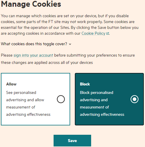 manage cookies options