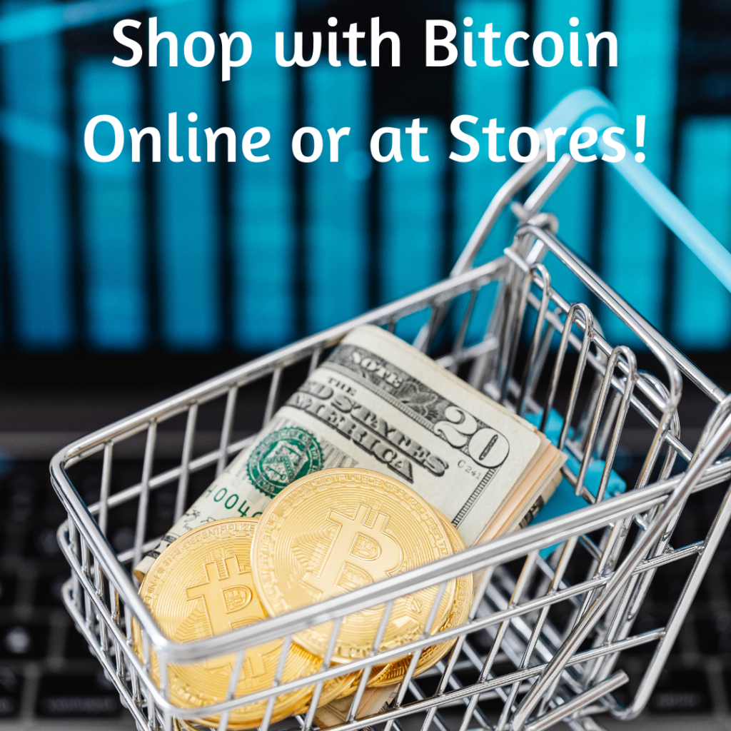 shopping cart with cash and bitcoin symbolizing pay with bitcoin
