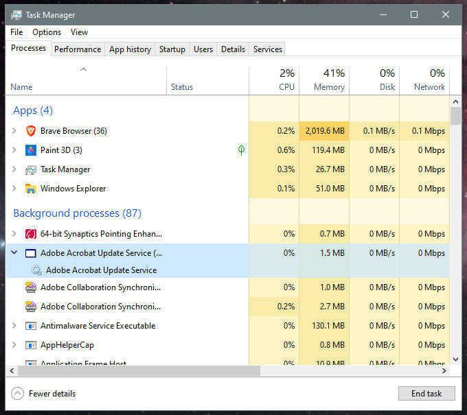 screenshot of task manager on PC