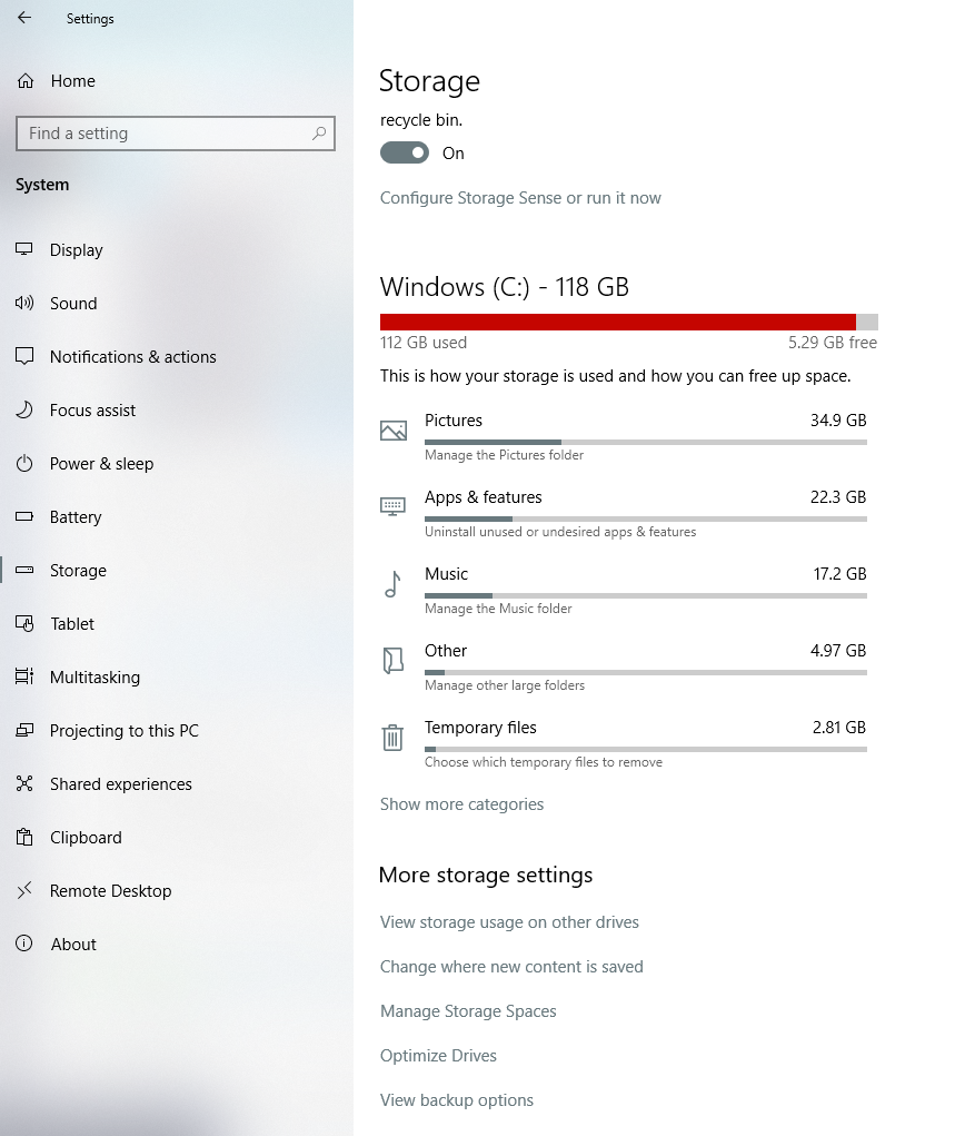 screenshot of storage settings to demonstrate how to declutter a slow computer